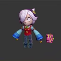 Playful Cartoon Character With White Purple Hair Red Vest Blue Sleeves Holding Pink Box