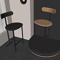 Modern Bar Stools With Black Metal Frame And Brown Wooden Backrest On Illuminated Display Platform