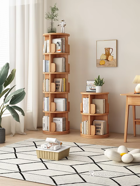 Modern Wooden Tiered And Circular Bookshelves With Potted Plant Wall Art Window Curtains And Rug 3d model 