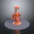 Vintage Orange Industrial Machine With Metal Pipes Valves And Circular Platform
