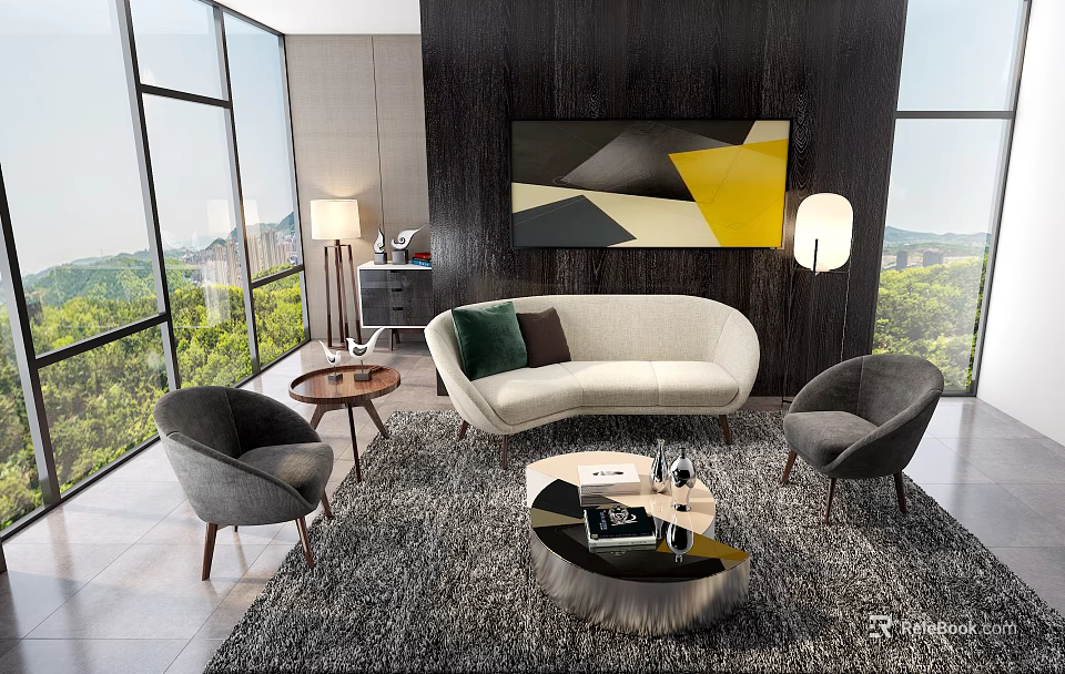 Modern Sofa and Coffee Table Set with White Curved Sofa Gray Armchairs Geometric Wall Art 3d model 