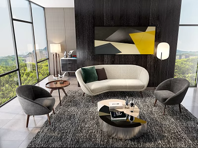 Modern Sofa and Coffee Table Set with White Curved Sofa Gray Armchairs Geometric Wall Art 3d model