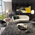 Modern Sofa and Coffee Table Set with White Curved Sofa Gray Armchairs Geometric Wall Art