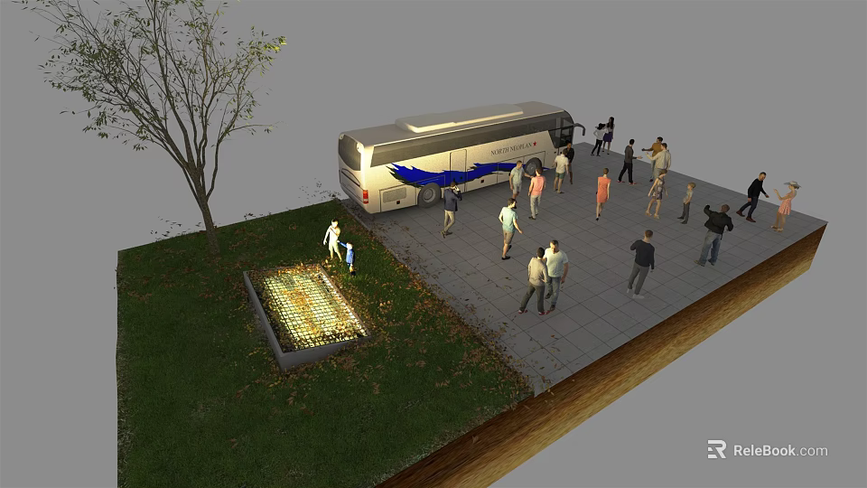Large Silver Bus Parked With People Walking Around Near Tree And Illuminated Square 3d model 
