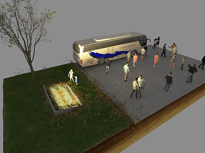 Large Silver Bus Parked With People Walking Around Near Tree And Illuminated Square 3d model