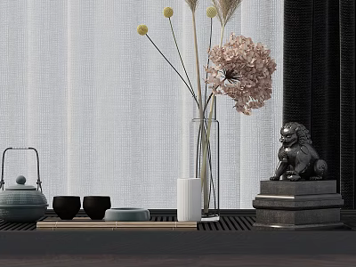 Decorative Ornament Set Featuring Teapot Teacups Vase Pink Yellow Flowers And Stone Lion Statue 3d model