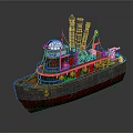 Vintage Warship Model with Three Chimneys Dark Blue Red Hull and Detailed Wooden Deck
