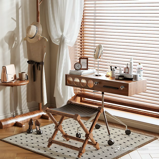 Natural Wooden Dressing Table With Mirror Chair Cosmetics And Window Curtain 3d model 