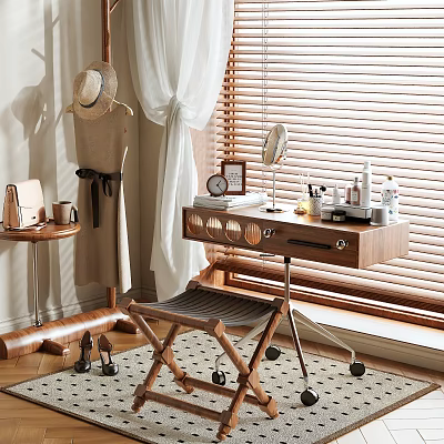 Natural Wooden Dressing Table With Mirror Chair Cosmetics And Window Curtain 3d model