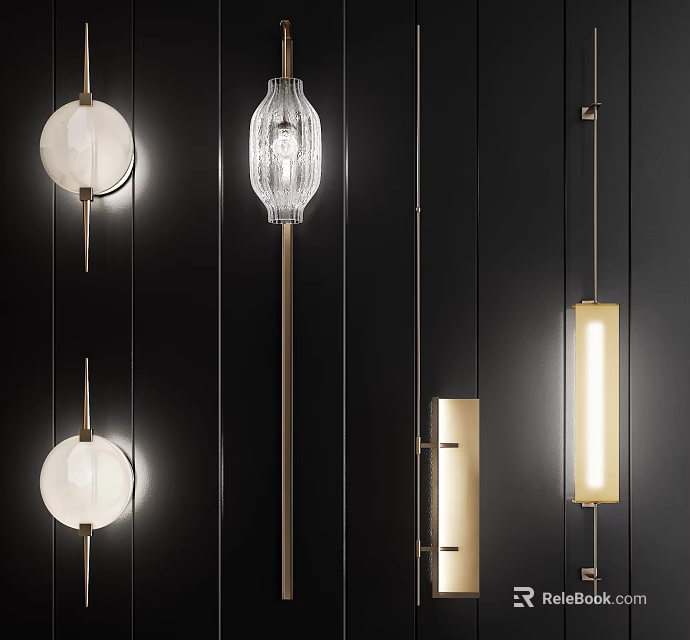 Modern Wall Lamps With Glass Shades And Metal Frames In Different Shapes And Gold Accents 3d model 