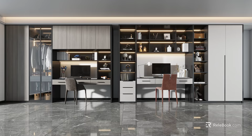 Modern Bookcase Interior Design With Multi layer Shelves And Study Desk Chair 3d model