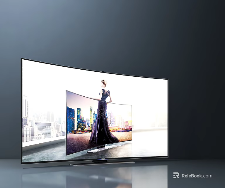Modern Curved Screen Computer Monitor Showing Woman In Long Dress Against Urban Background 3d model 