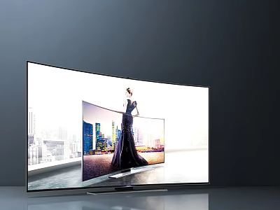 Modern Curved Screen Computer Monitor Showing Woman In Long Dress Against Urban Background 3d model
