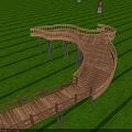 Curved Wooden Walkway Structure In Grassy Area With Railings And Support Pillars