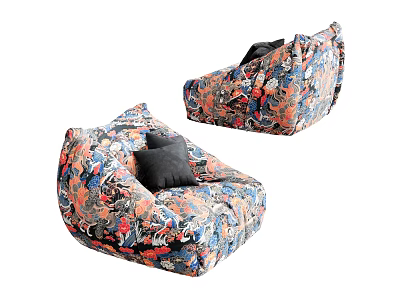 Colorful Floral Pattern Bean Bag Chairs With Black Cushions For Living Room 3d model