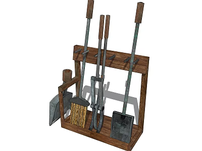 Organized Hardware Tools on Wooden Storage Rack with Shovel Brush and Tongs 3d model