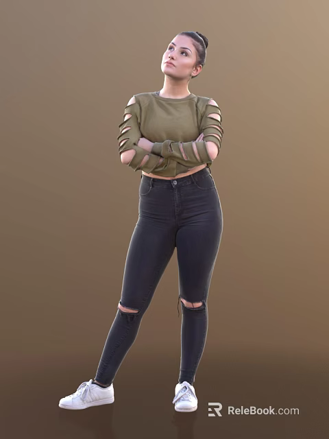 Woman in green ripped top and black ripped jeans standing arms crossed against brown background 3d model 