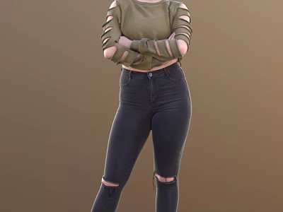 Woman in green ripped top and black ripped jeans standing arms crossed against brown background 3d model