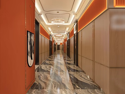 KTV Corridor Interior With Orange Walls Wooden Panels And Marble Flooring Ceiling Lights 3d model