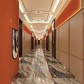 KTV Corridor Interior With Orange Walls Wooden Panels And Marble Flooring Ceiling Lights