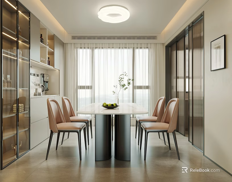 Modern Open Concept Dining Room Interior With Round Table Beige Chairs And Large Windows 3d model
