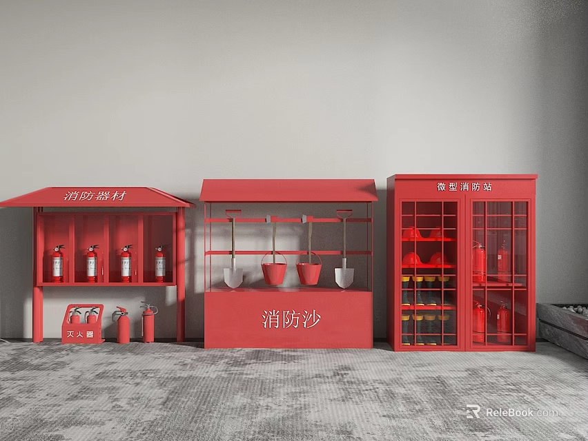 Red Fire Fighting Equipment Cabinets With Extinguishers Hoses Sand And Rescue Kits 3d model 