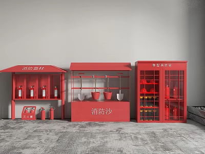 Red Fire Fighting Equipment Cabinets With Extinguishers Hoses Sand And Rescue Kits 3d model