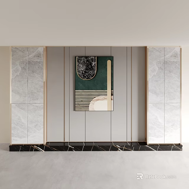 Modern Background Wall Design With Marble Panels And Green Decorative Painting 3d model 