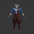 Blue Anthropomorphic Creature Character With Red Scarf Brown Pants Yellow Wristbands And Boots