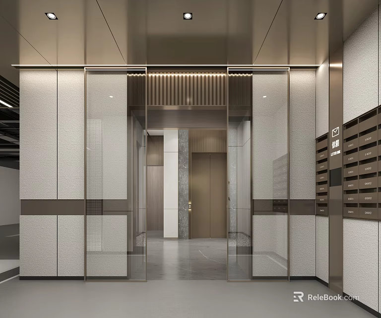 Modern Luxurious Elevator Hallway Interior Design Featuring Glass Doors Metal Frames And Mailboxes 3d model