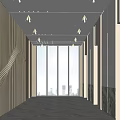 Modern Elevator Corridor Design With Wooden Panel Walls And Floor To Ceiling Windows 3d model