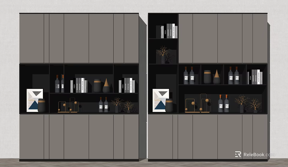 Modern Gray Wine Cabinet Interior With Wine Bottles Books And Decorations 3d model 