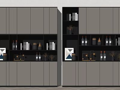 Modern Gray Wine Cabinet Interior With Wine Bottles Books And Decorations 3d model