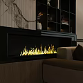 Cozy Living Room Modern Fireplace With Realistic Flames And Wooden Bookshelf Interior Design