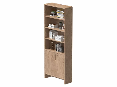 Wooden Bookcase With Open Shelves And Closed Cabinet For Books And Decorative Items 3d model