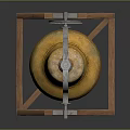 Golden Bell With Decorative Metal Structure And Wheel On Wooden Triangular Stand