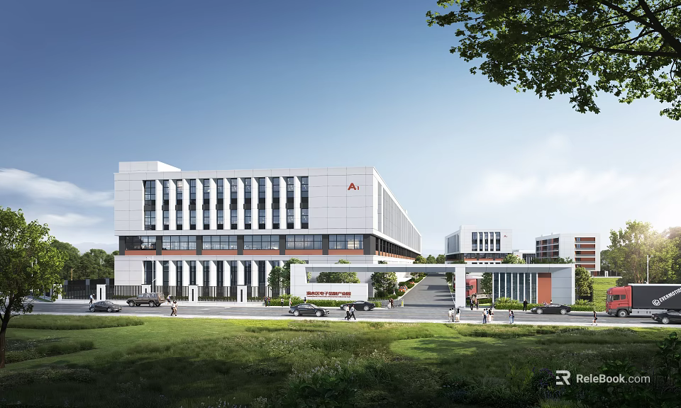 Modern Industrial Factory Building Exterior With Green Grassland Road Pedestrians Vehicles And Blue Sky 3d model 