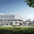 Modern Industrial Factory Building Exterior With Green Grassland Road Pedestrians Vehicles And Blue Sky