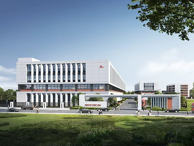 Modern Industrial Factory Building Exterior With Green Grassland Road Pedestrians Vehicles And Blue Sky 3d model