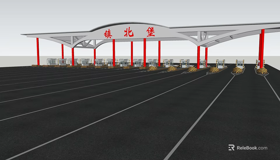 Zhenbeibao Gateway Structure With Red Pillars White Roof And Open Parking Area 3d model 
