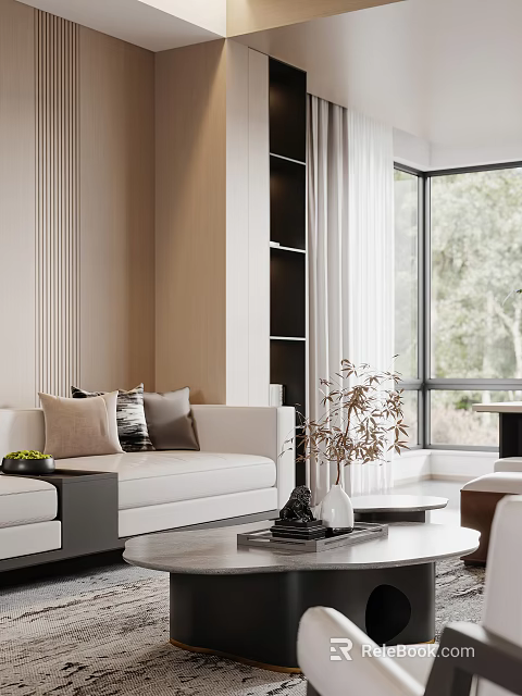 Modern Sofa and Coffee Table Set With Throw Pillows Vase and Natural Light View 3d model