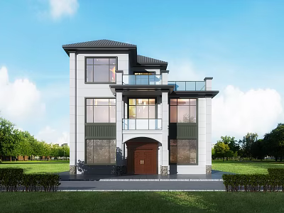Two Story Detached Villa With Gray Exterior Black Roof Brown Arched Door And Green Lawn 3d model