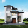Two Story Detached Villa With Gray Exterior Black Roof Brown Arched Door And Green Lawn
