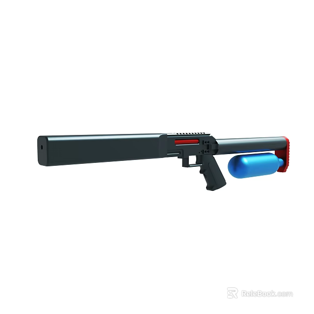 Black Tactical Gun With Long Barrel Blue Air Tank And Red Accents 3d model 