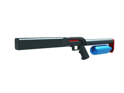 Black Tactical Gun With Long Barrel Blue Air Tank And Red Accents 3d model