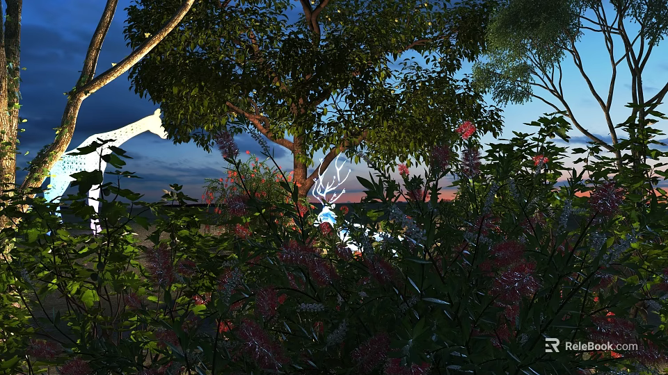 Pink and Red Flowers in Evening Garden with Green Trees Blue Sky and Sunset Glow 3d model 