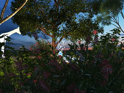 Pink and Red Flowers in Evening Garden with Green Trees Blue Sky and Sunset Glow 3d model