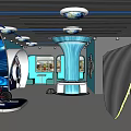 Modern Exhibition Space With Red Bicycle Display Curved Stands And Blue Walls