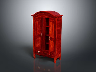 Red Vintage Wooden Storage Cabinet With Glass Door And Drawer For Home Decor 3d model