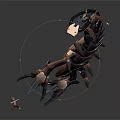 Small Character Confronting Mechanical Scorpion With Glowing Purple Eyes And Metallic Limbs